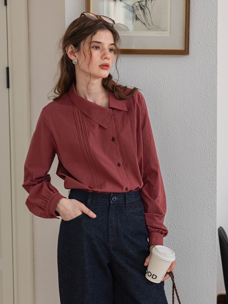 DA_Diagonal placket pleated shirt_3color