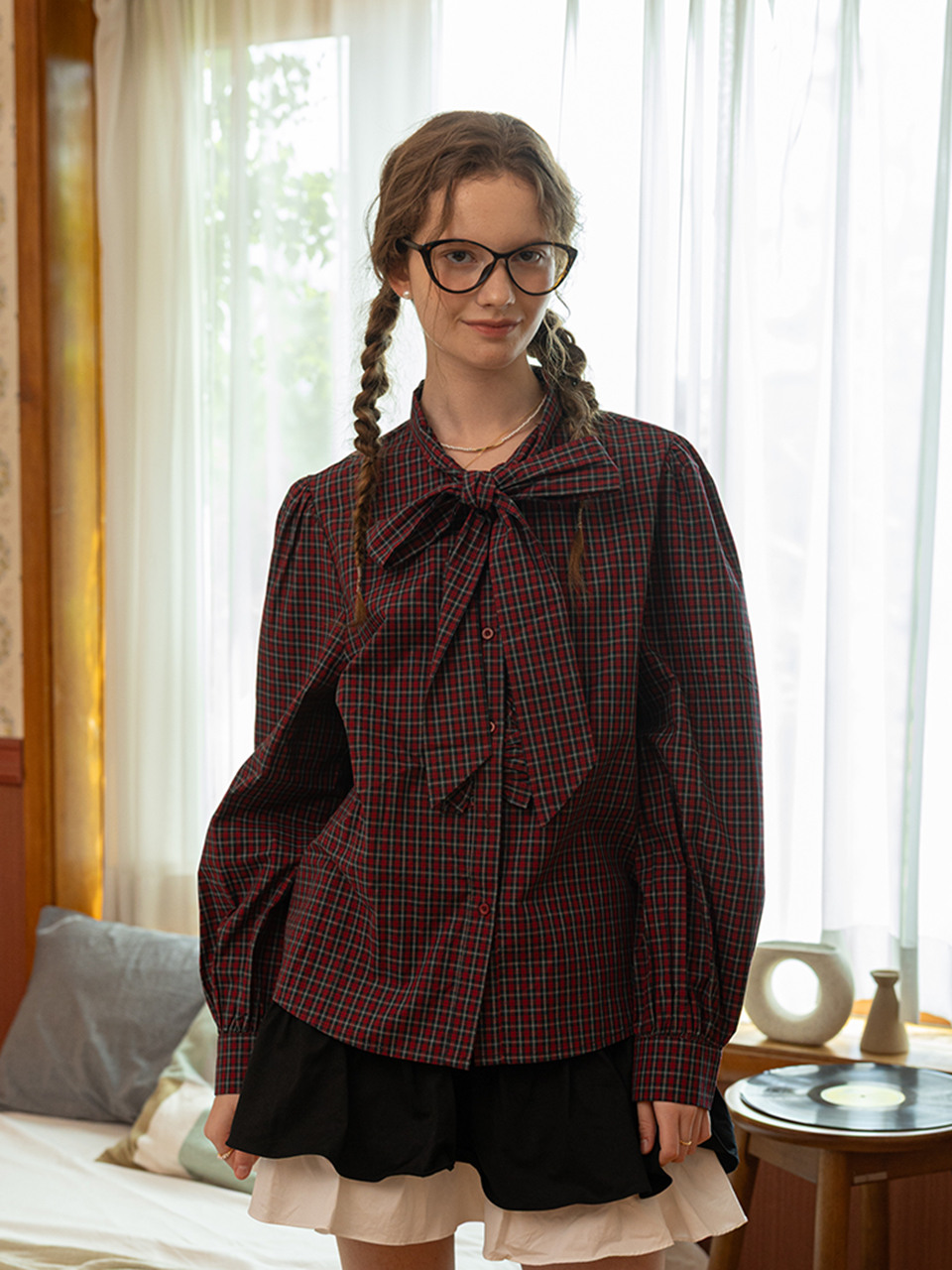 DD_Check ribbon collar shirt_RED