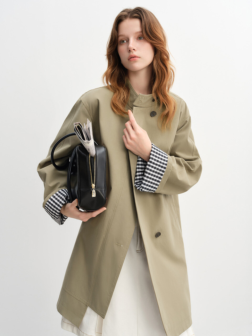 AR_Plaid cuffs half trench coat_2color