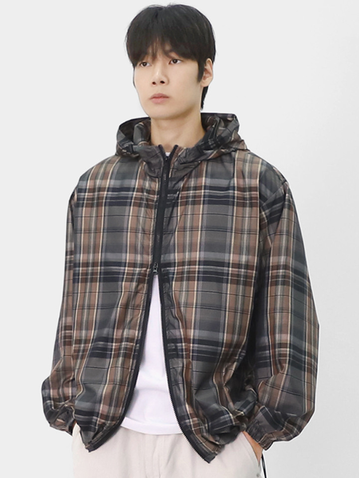 남성 유니크 오버핏 나일론 체크 패턴 스트링 바람막이 BLC007