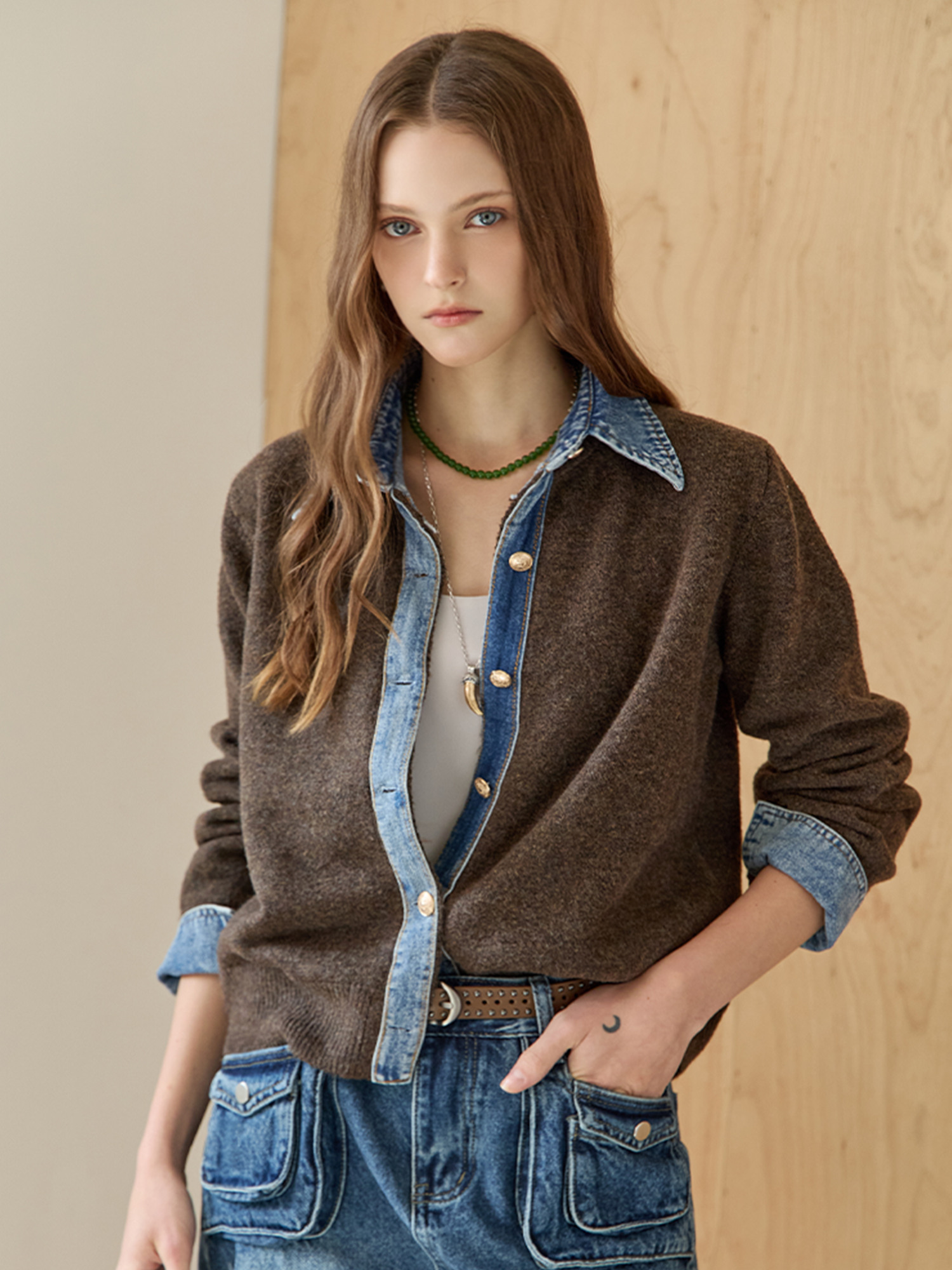 워싱 데님 셔츠 카라 블록 니트 가디건