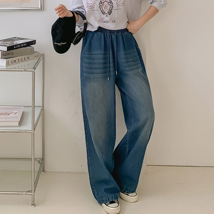 깔끔한 워싱 데님 와이드 팬츠