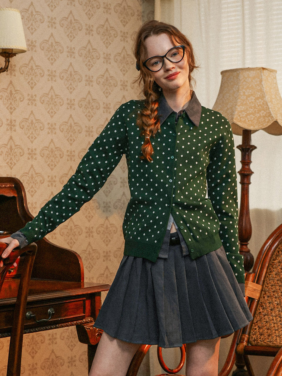 DD_Dark green polka dot cardigan