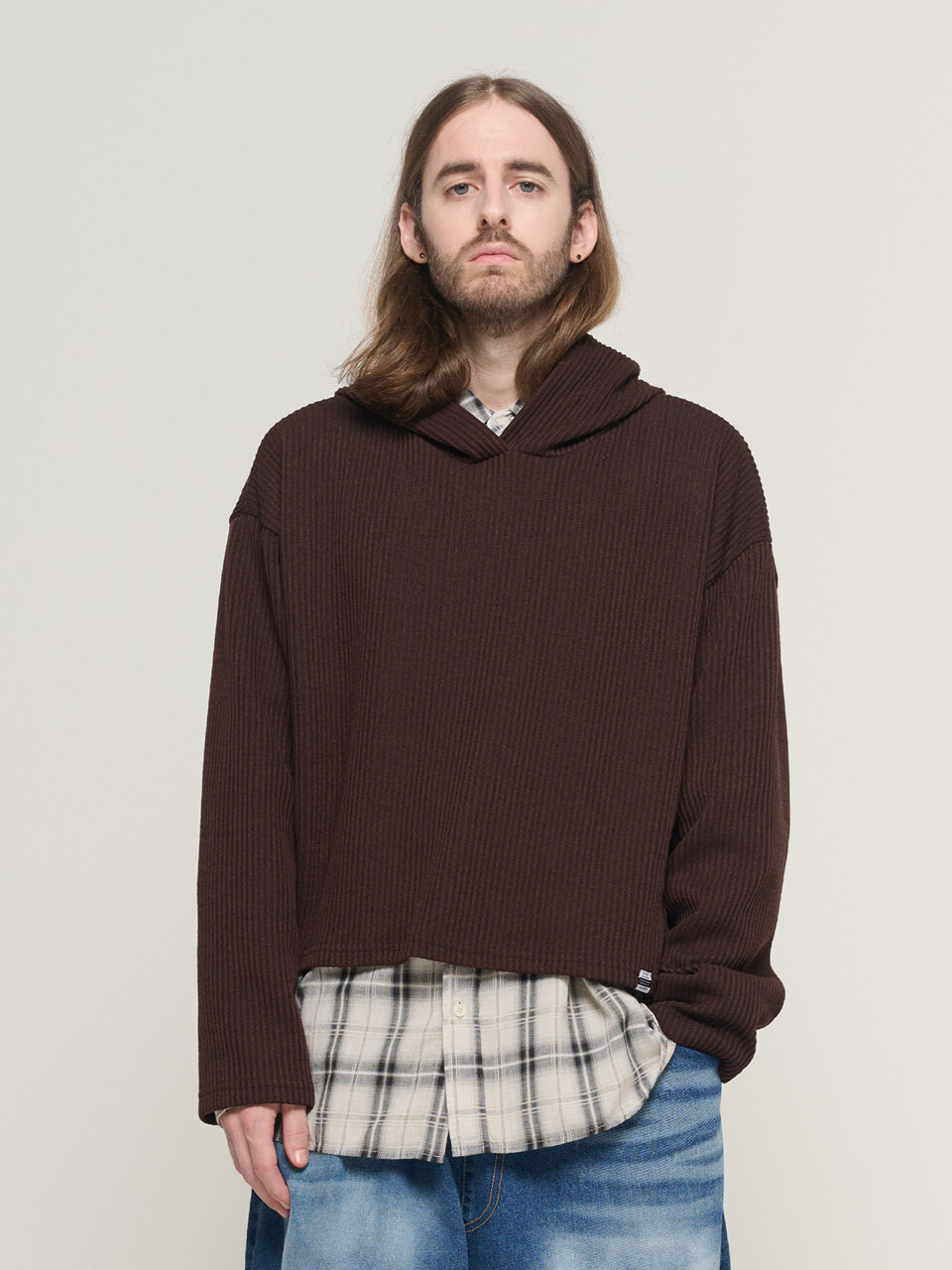 HOOD CROP LAYERED LONG-SLEEVE KNIT (BROWN)