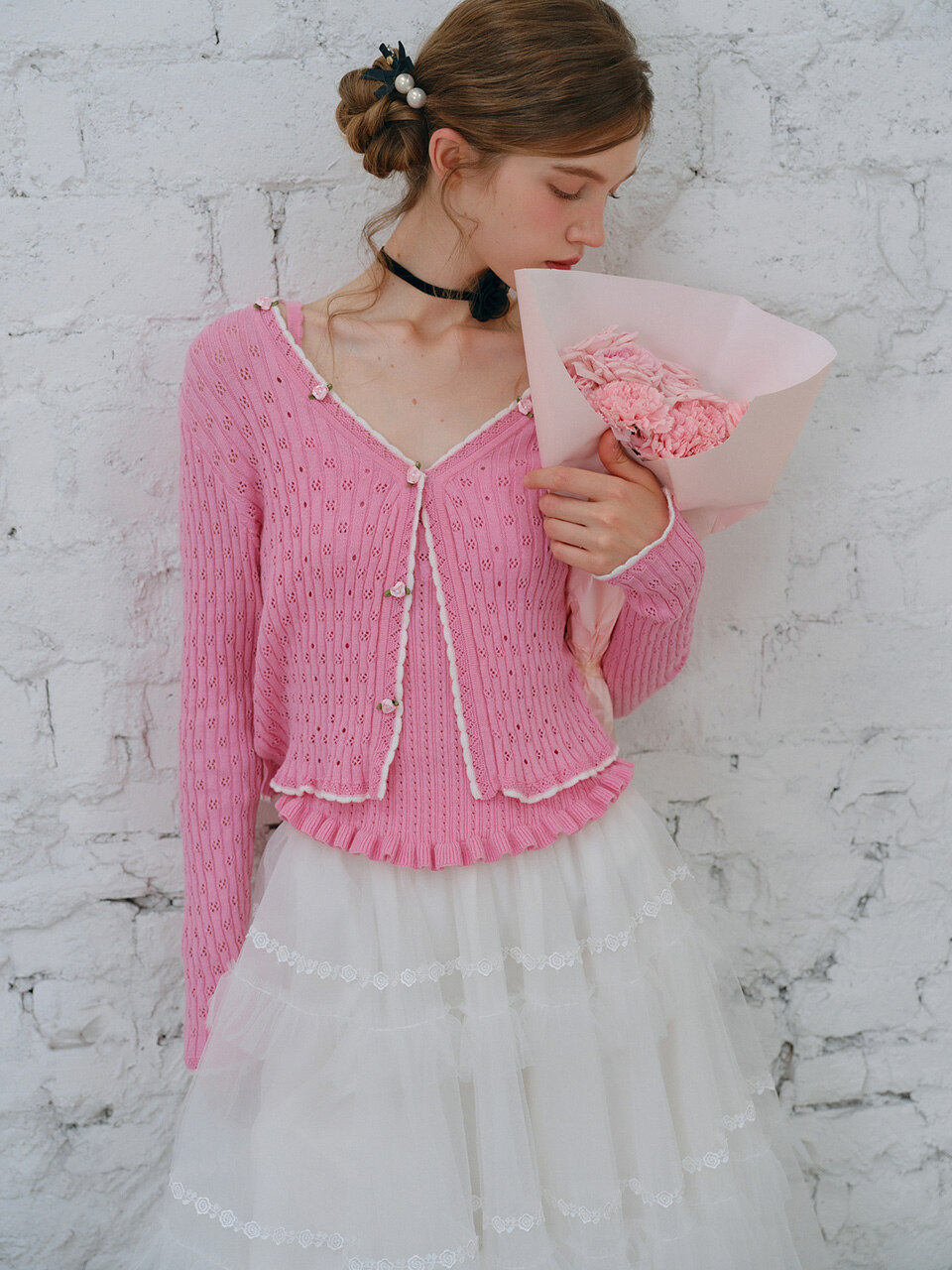 Cest_Pink flower knit cardigan