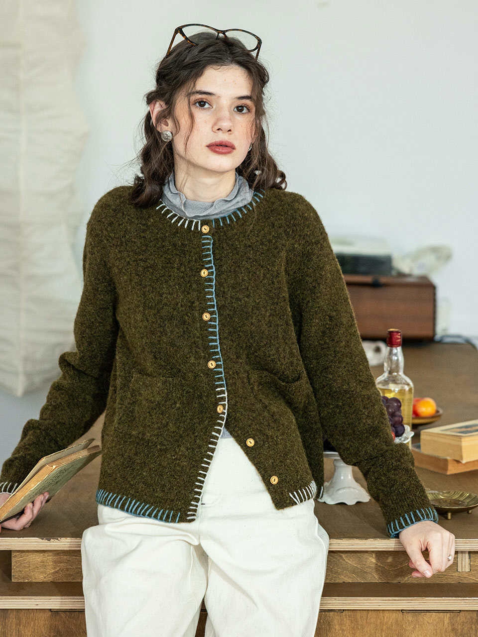 DA_Crew neck cropped cardigan_2color