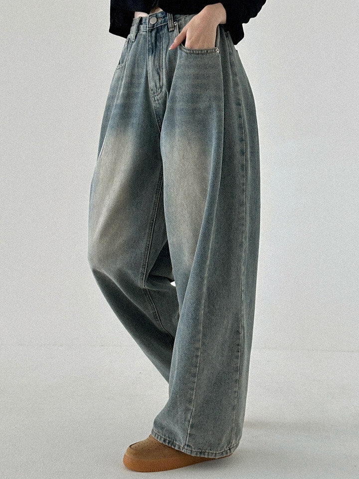 공용) 사이드 핀턱 블러 워싱 와이드 데님 팬츠_PaleBlue ODA_A003