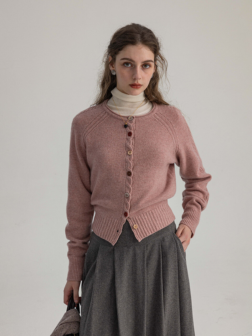 DA_Cable knit crew neck cardigan_3color