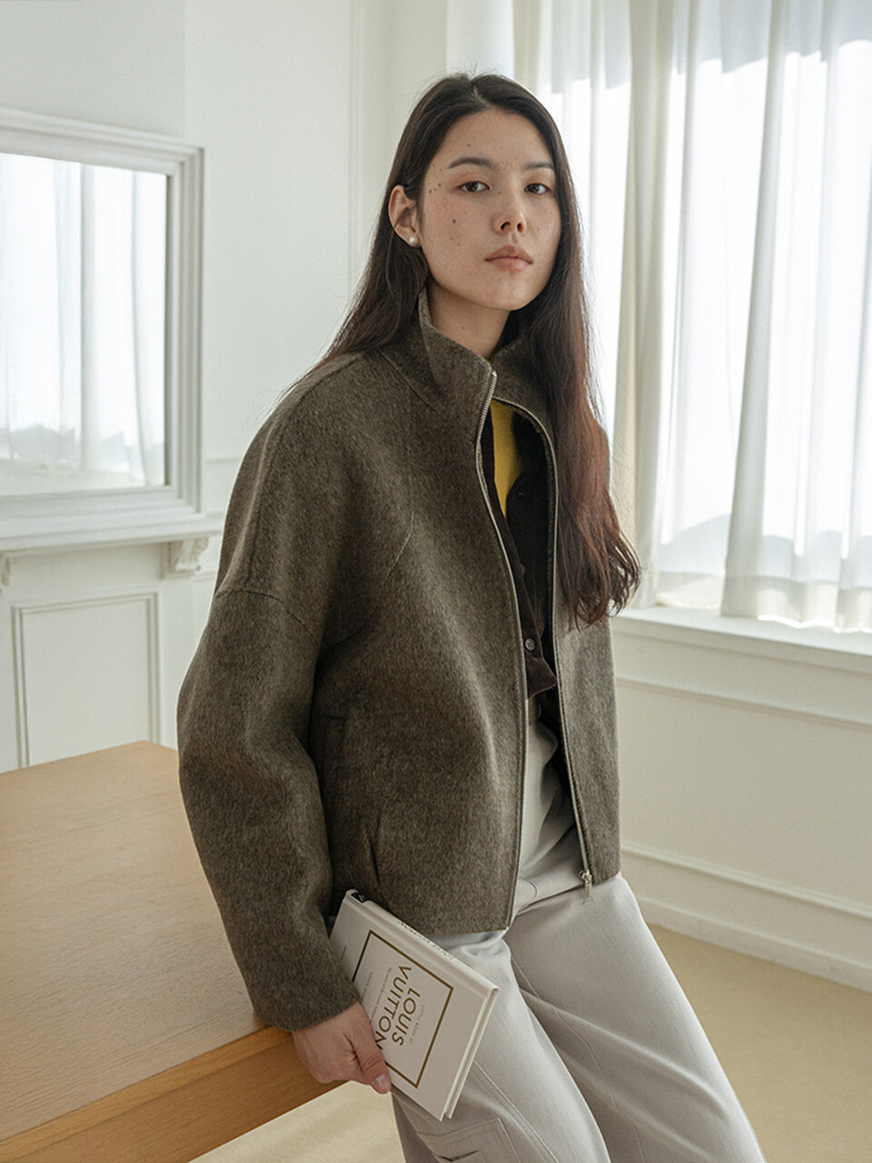 LS_Zipper stand collar short coat_2color