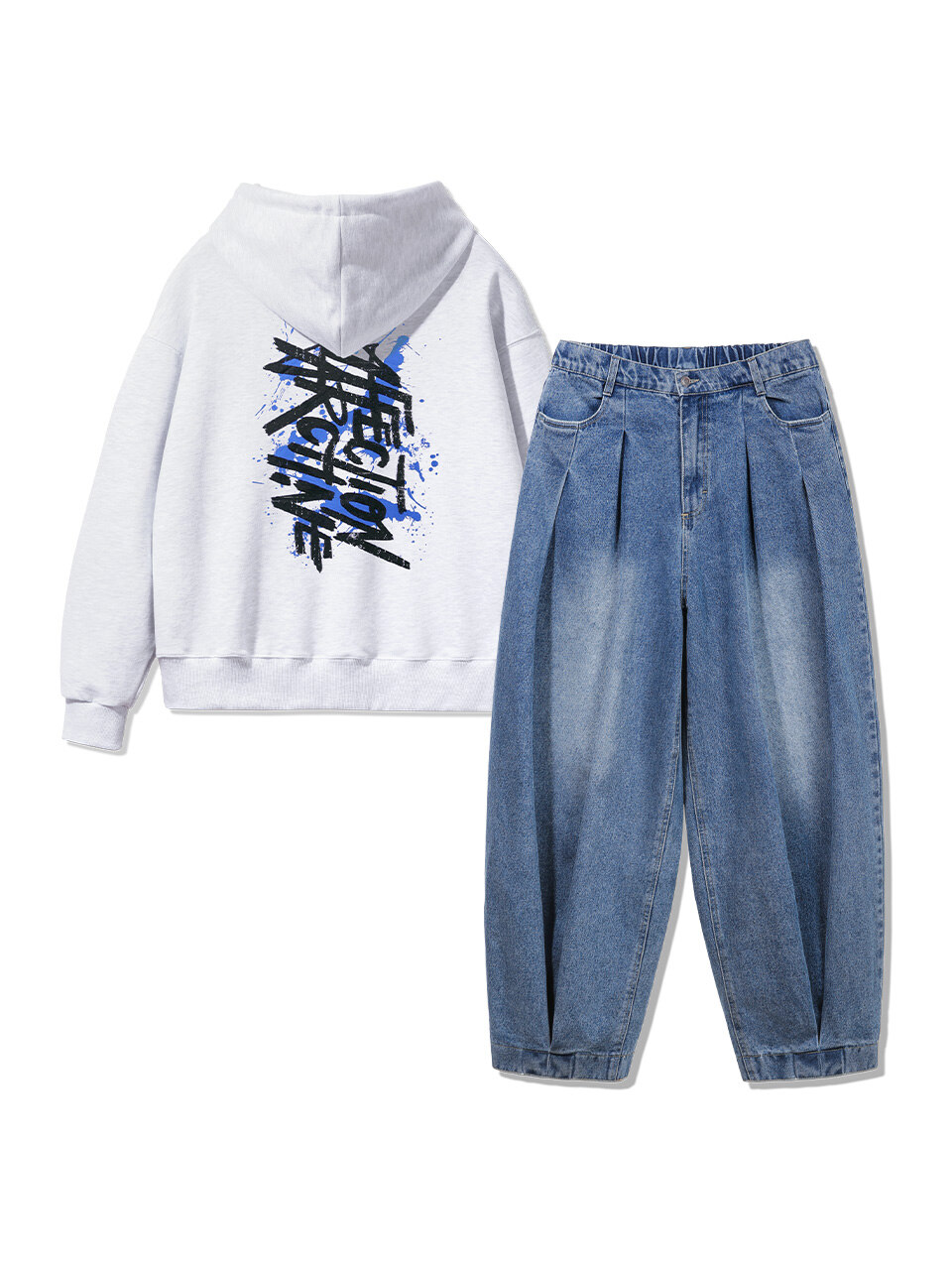 [SET] AFFECTION 오버핏 후드티 핀턱 워시드 벌룬 데님 팬츠 셋업
