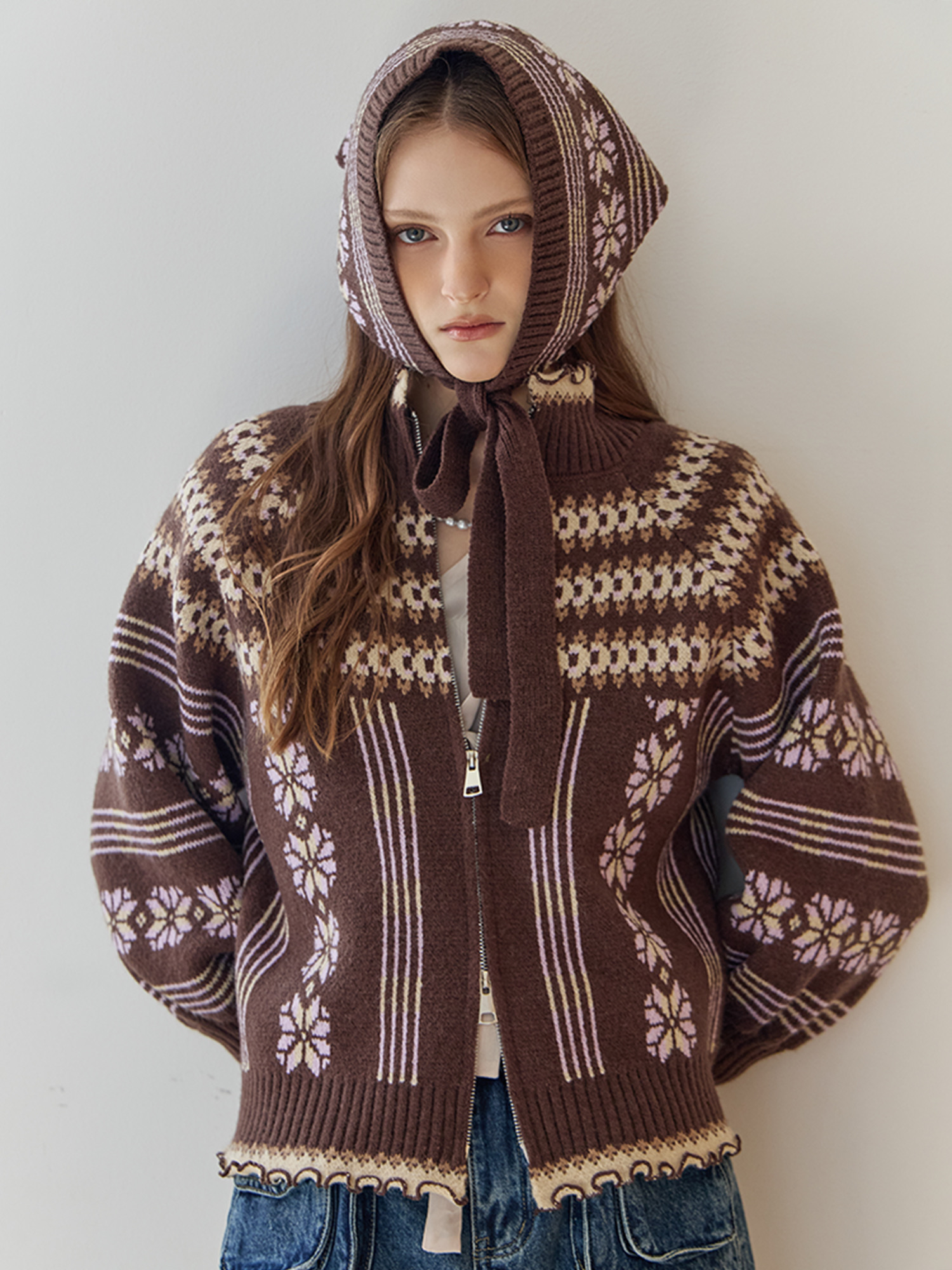 노르딕 패턴 니트 집업 가디건&스카프 세트