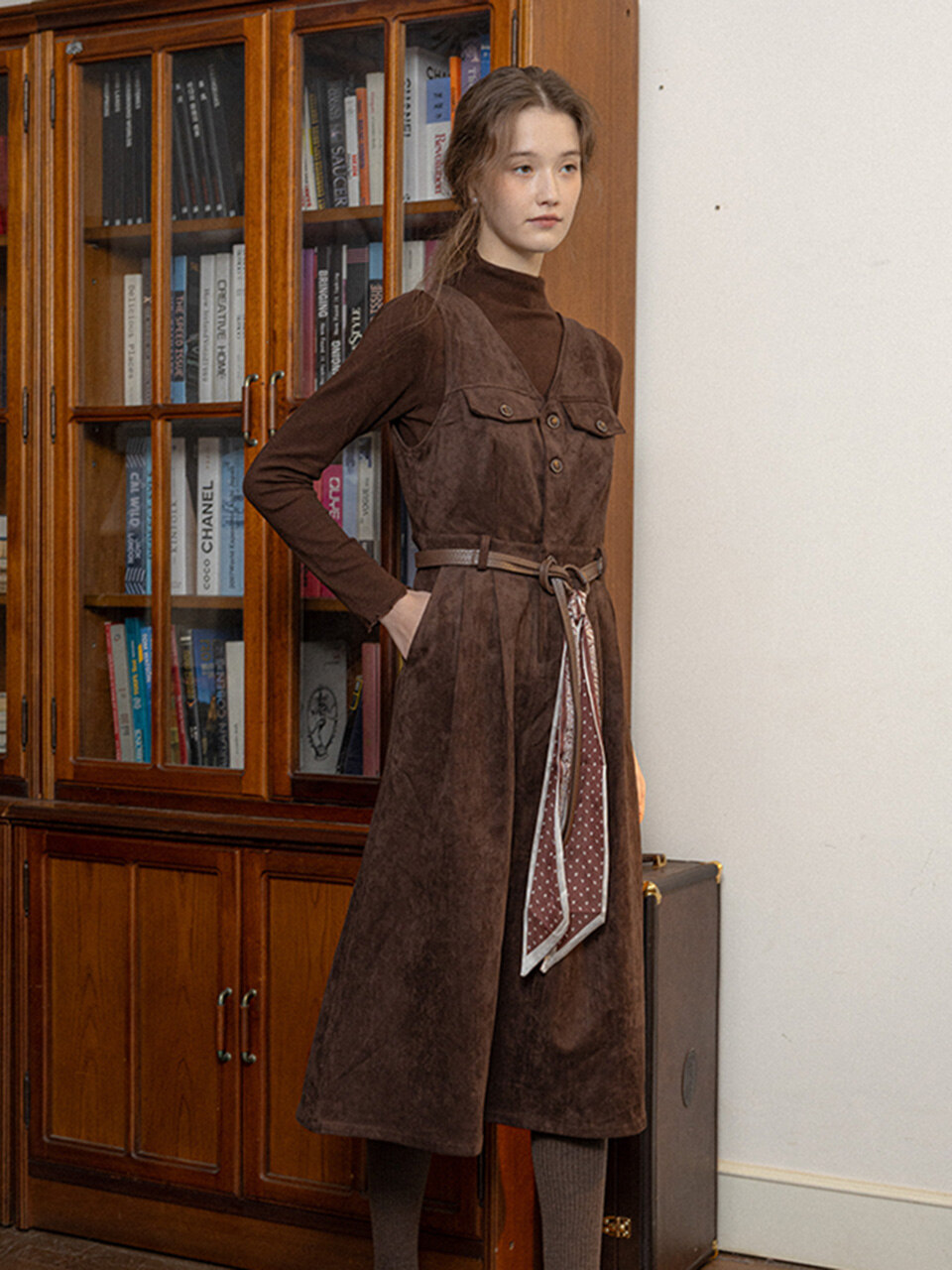 PM_V-neck slim fit jumpsuit_BROWN