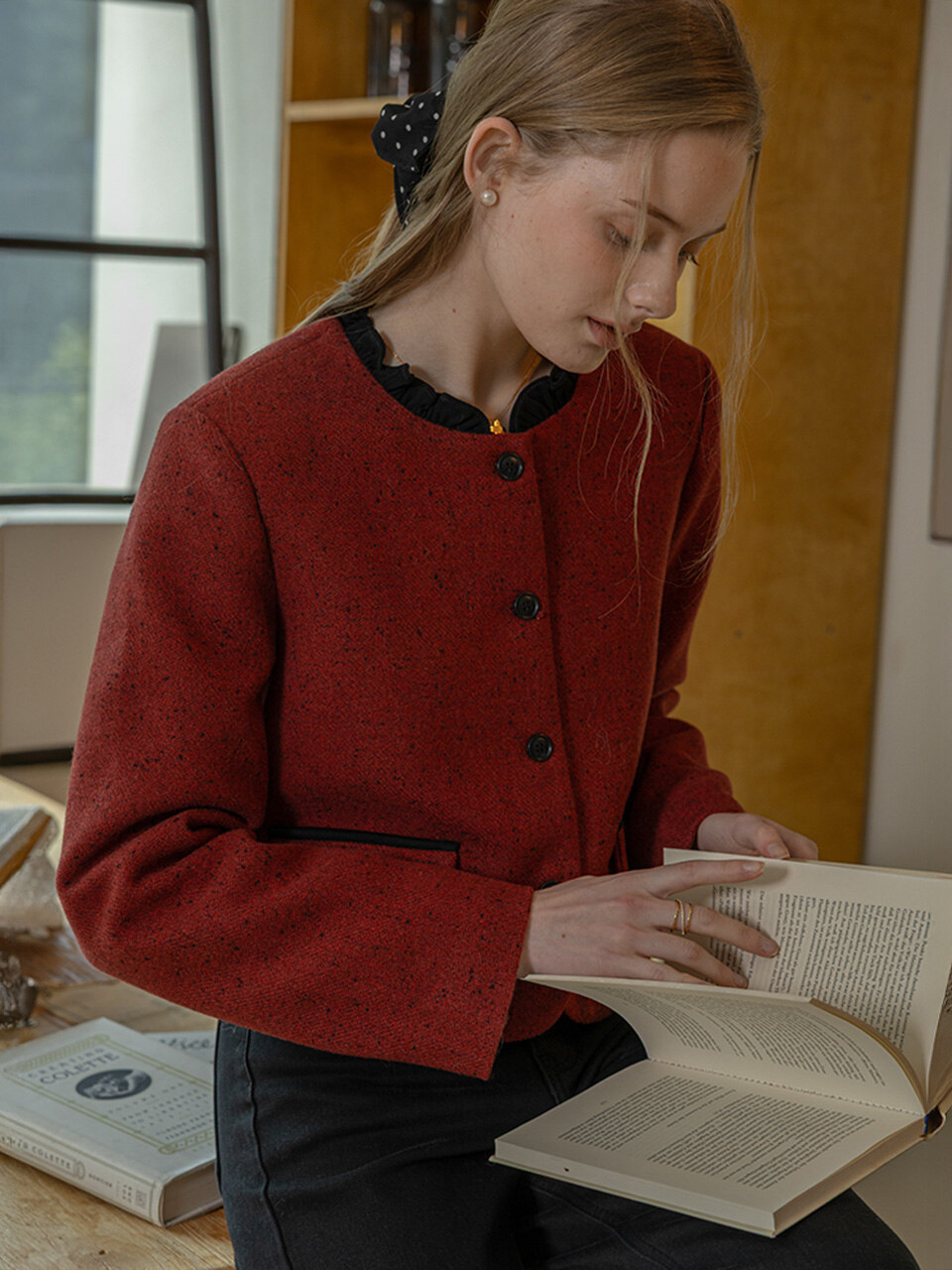 DD_Velvet collar elegant short coat_RED