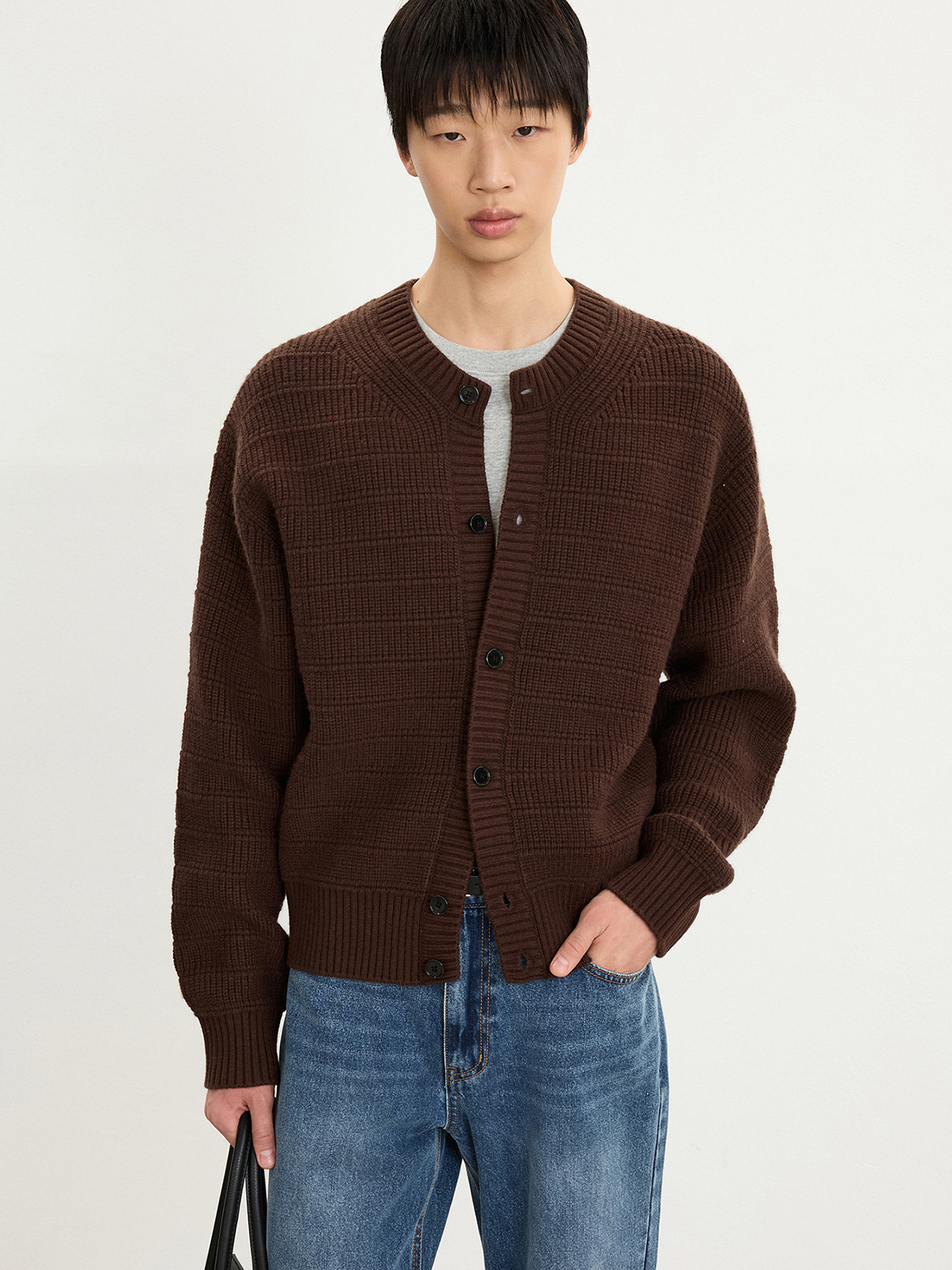 Chunky Wool Knit Cardigan (Brown) TNSW5F101W2
