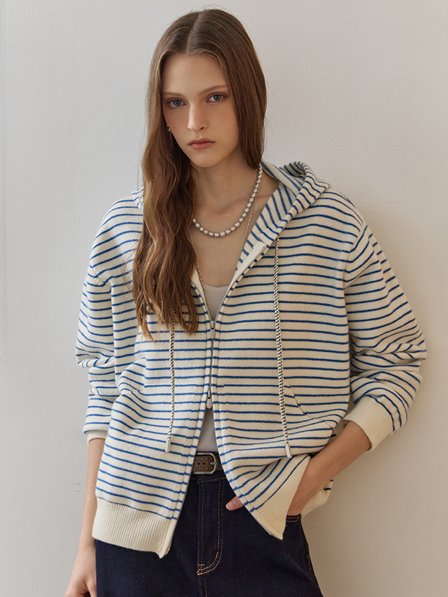 스트라이프 니트 후드 집업