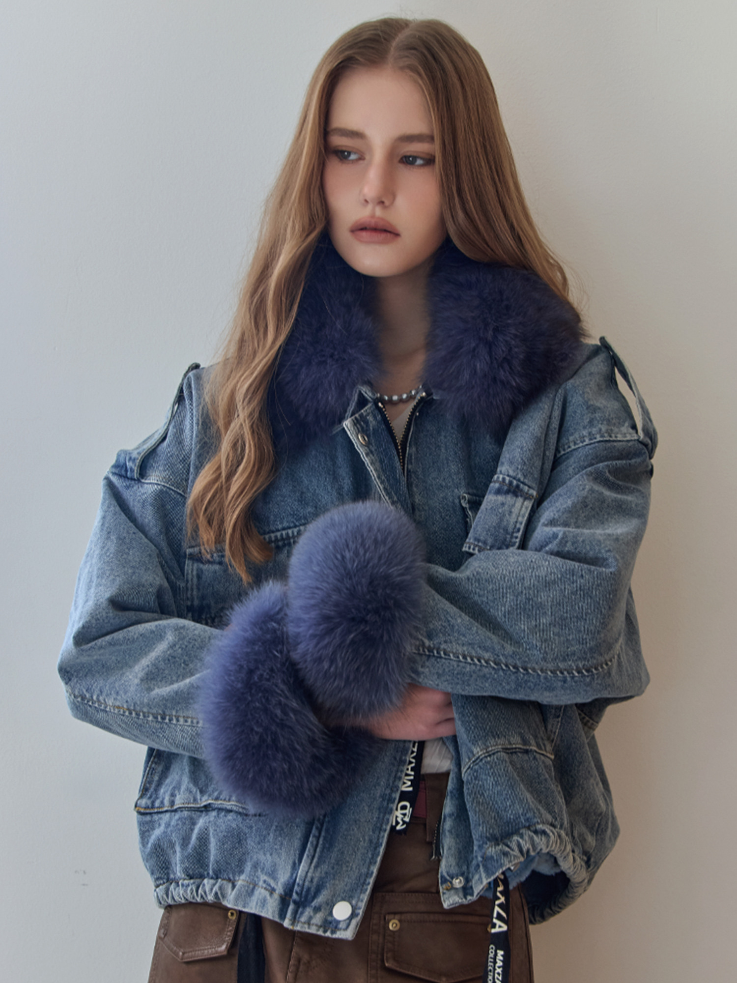 블루 폭스 퍼 루즈핏 데님 자켓
