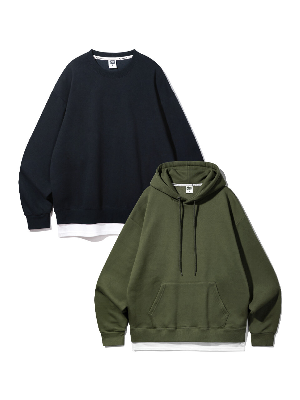 [단독컬러추가][2PACK]더블코튼 레이어드 오버핏 맨투맨 후드티 2종 패키지