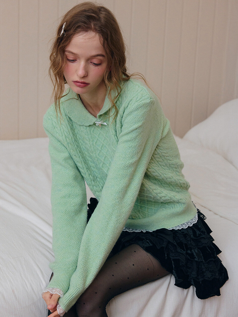 Cest_Doll collar lace knit sweater