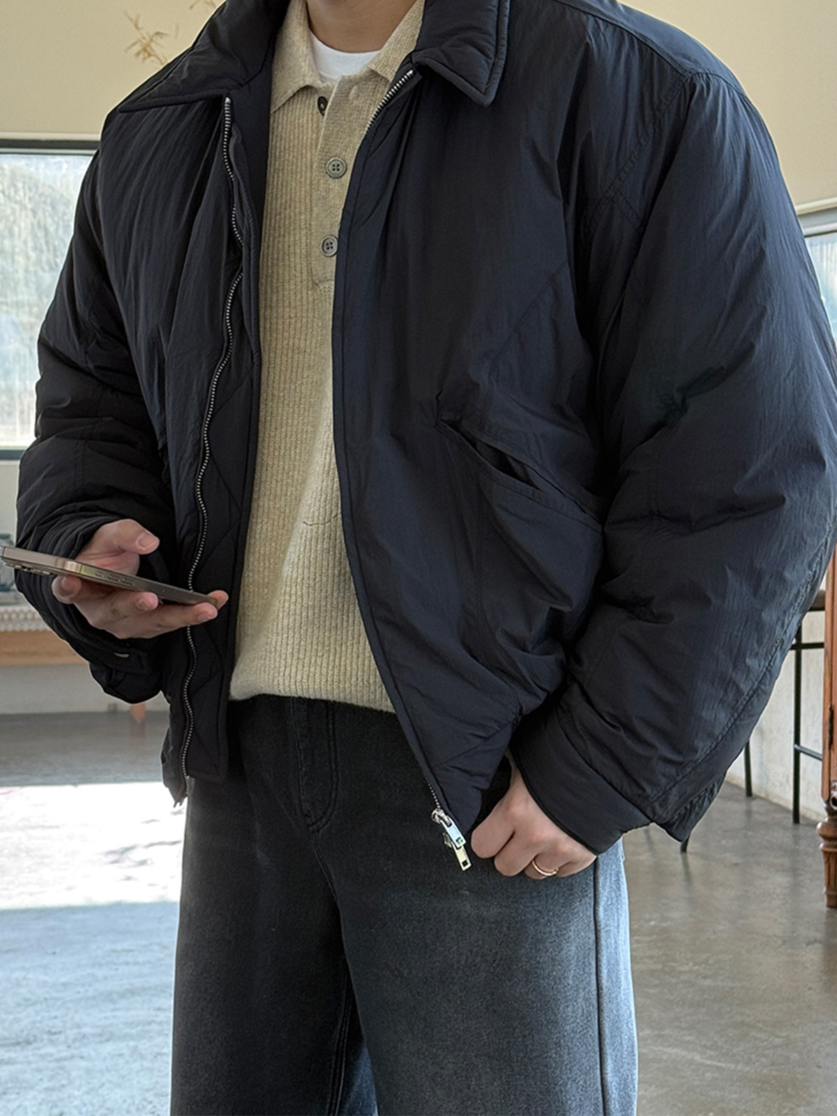 크리처 카라 오버핏 패딩 항공점퍼 블루종 자켓 2colors