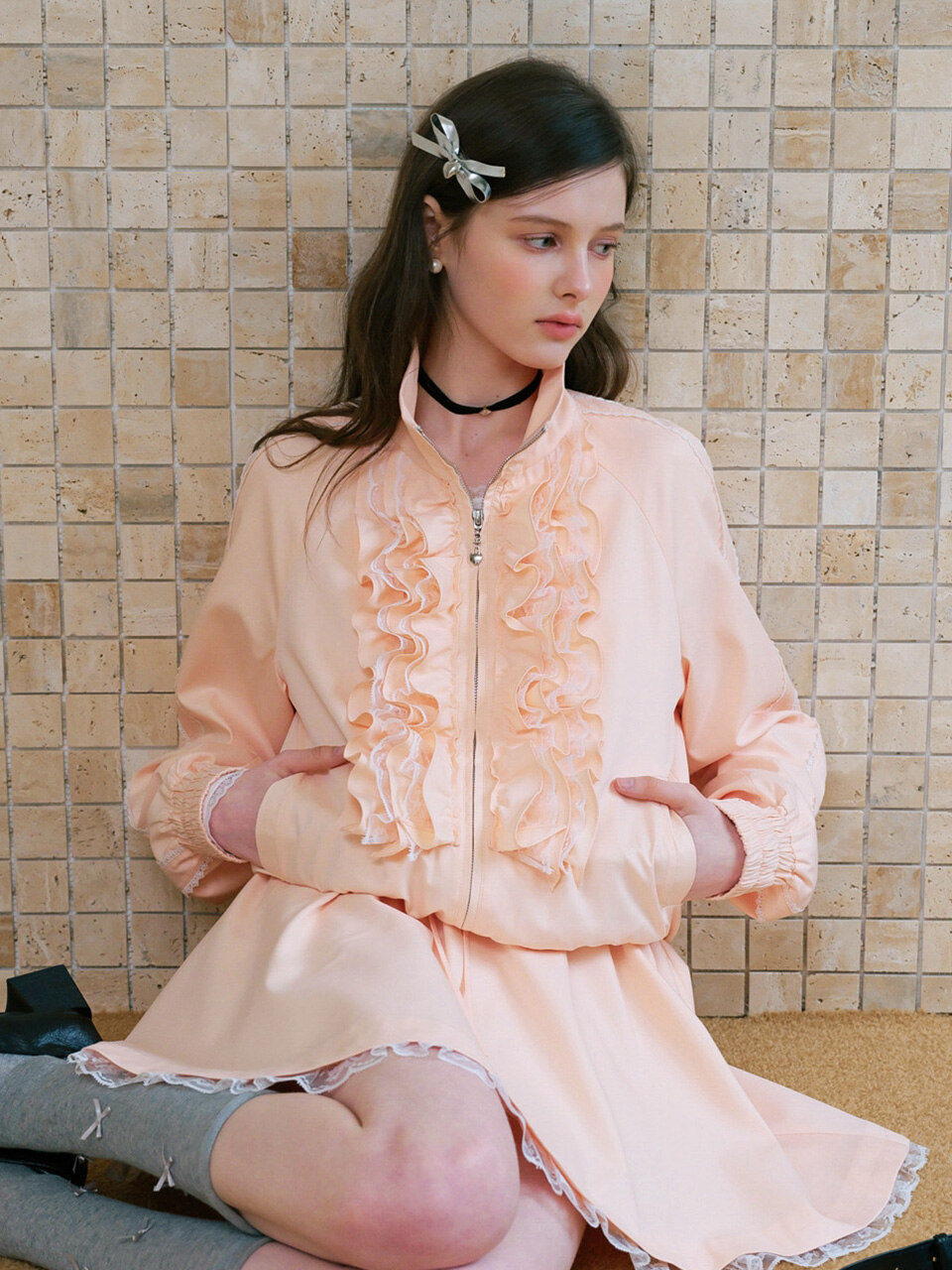 Cest_Coral frill zip-up jacket