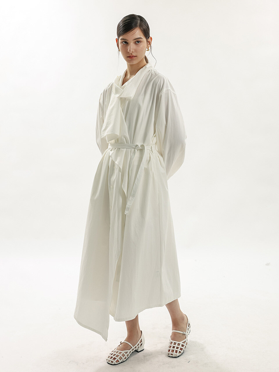 WD_Scarf tie shirt dress coat_WHITE