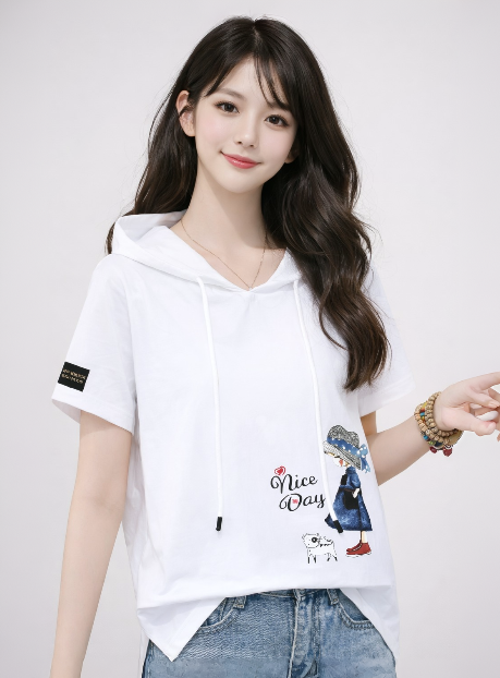 여성 애니 레터 후드 반팔티셔츠