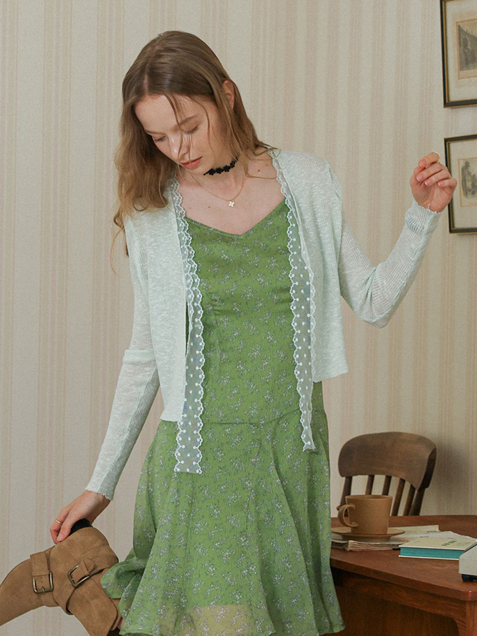 DD_Lace trim knit cardigan_MINT