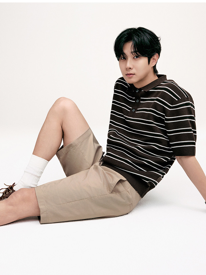 남성) 스트라이프 버튼카라 반팔 스웨터