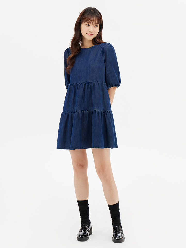 여성) 데님 티어드 미니 원피스