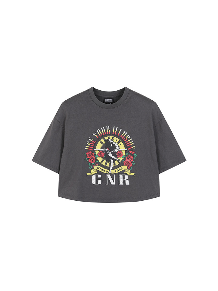 여성) 가먼트 다잉 콜라보 크롭 반팔 티 (건즈 앤 로지스)