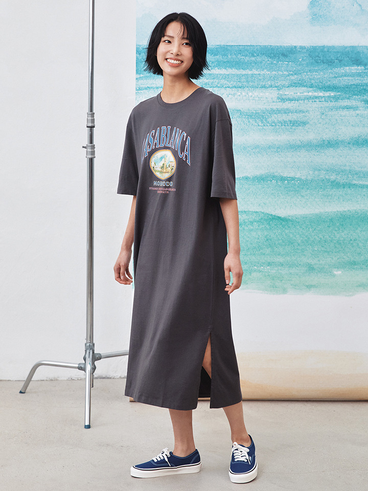 여성) 그래픽 반팔 롱 원피스