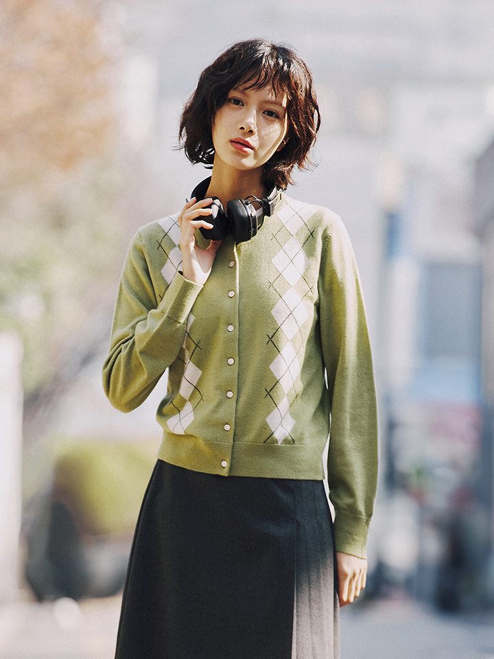 여성) 메리노울 블렌드 아가일 가디건