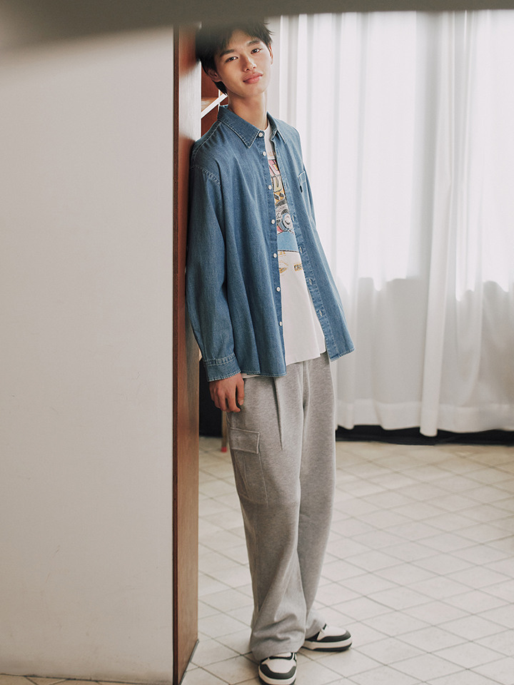 남성) 코튼 테리 카고 턱 와이드 팬츠