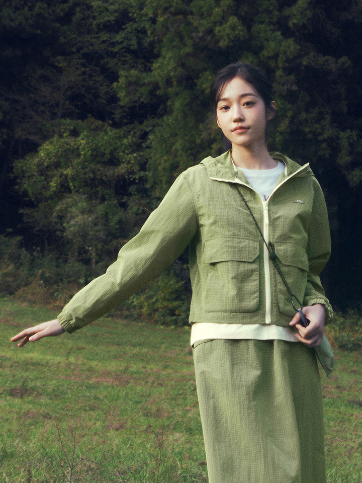 여성) 경량 후드 립스탑 크롭 바람막이