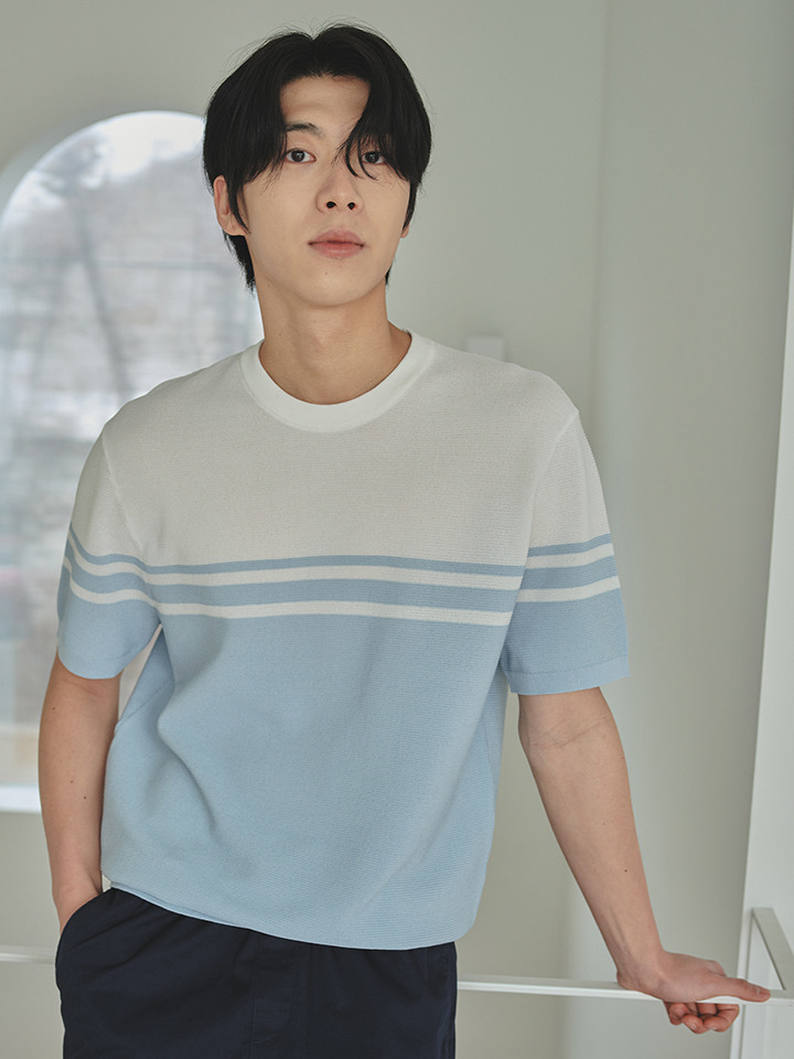 남성) 라운드넥 블록 반팔 니트