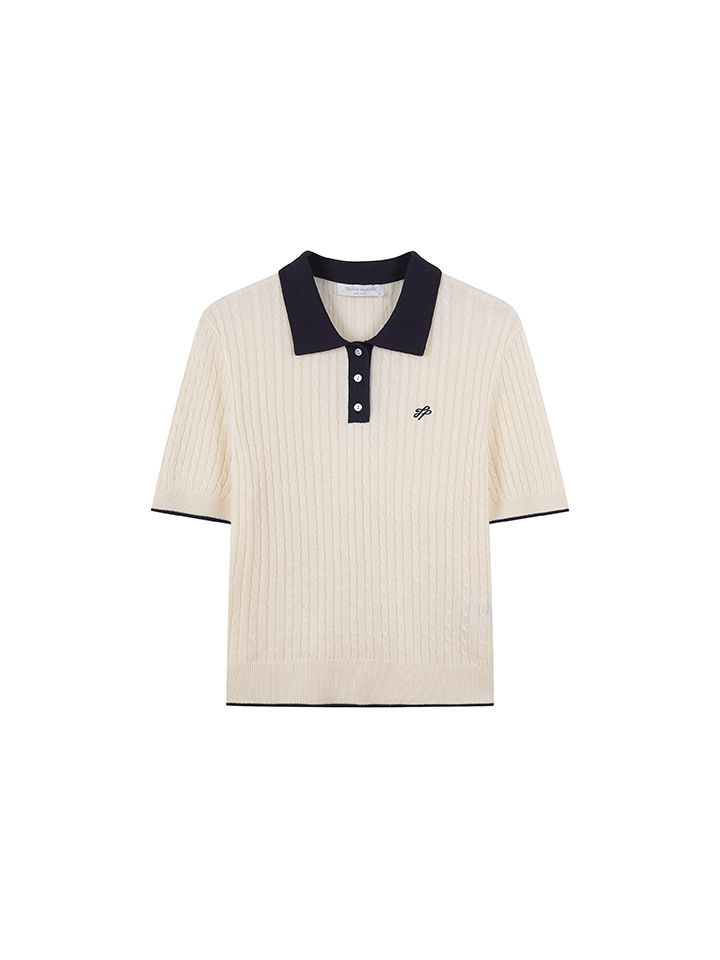 여성) 버튼넥 케이블 반팔 니트