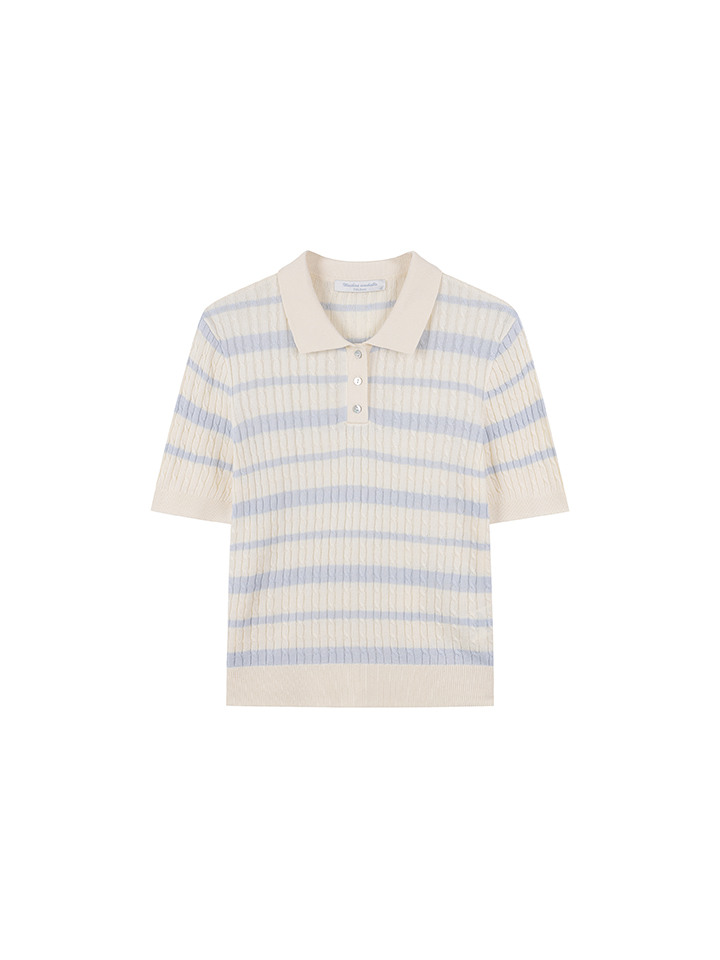 여성) 버튼넥 케이블 반팔 니트