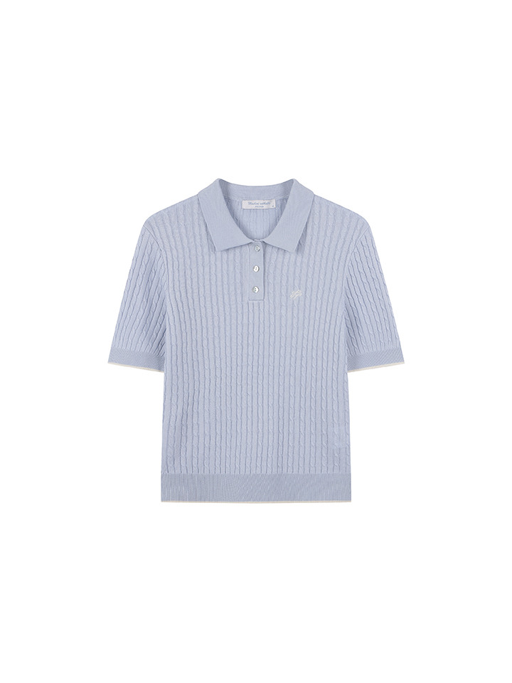 여성) 버튼넥 케이블 반팔 니트