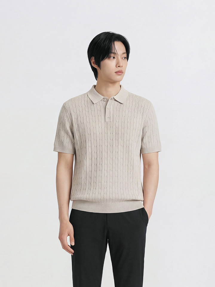 남성) 카라 케이블 반팔 니트