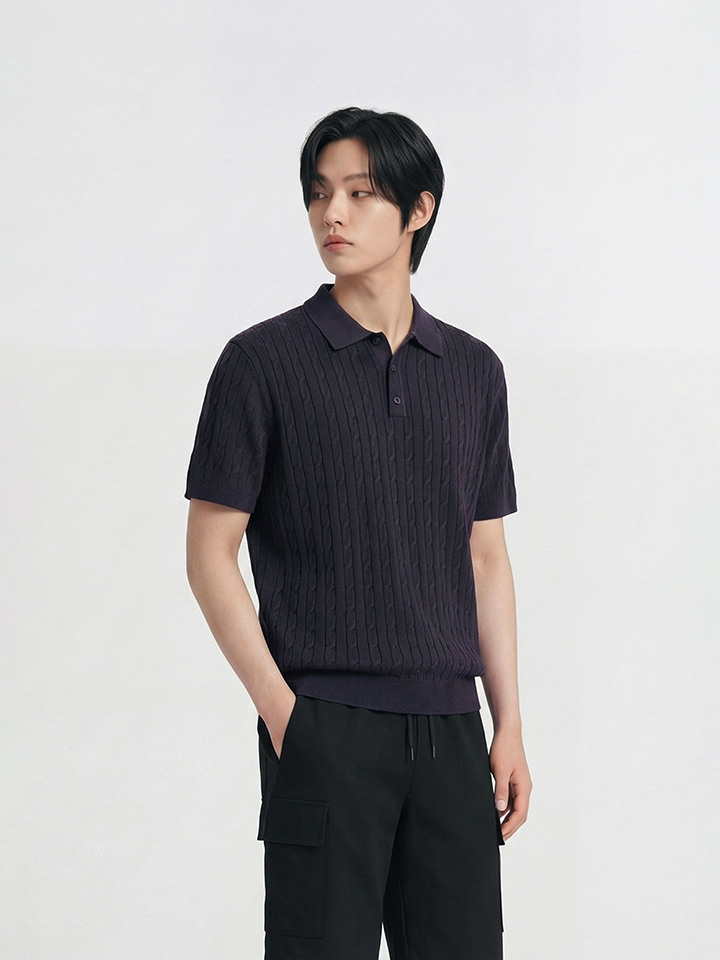 남성) 카라 케이블 반팔 니트