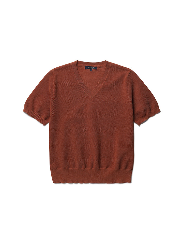 여성) 피케조직 브이넥 반팔 니트